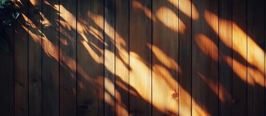 Wall Mural - Warm wooden wall illuminated by sunlight casting intricate shadows in shades of amber and brown creating a textured and visually appealing backdrop