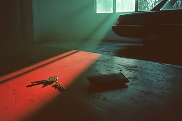 Canvas Print - Keys and Wallet in a Dusty Garage