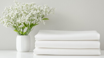 Wall Mural - White linens and flowers on table, minimalist decor, home setting, product display