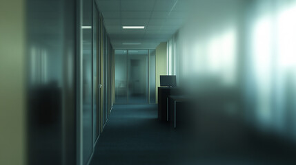 Wall Mural - A long hallway with a lot of windows and lights Glass Wall with Blurred Background of a Modern Office Building