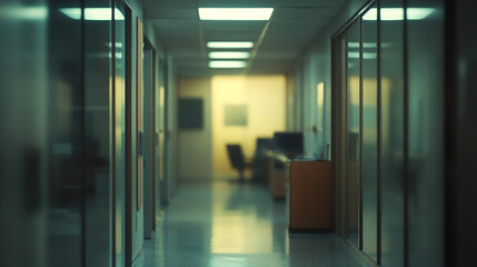 Wall Mural - A long hallway with a lot of windows and lights Glass Wall with Blurred Background of a Modern Office Building