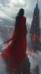 Fototapete - Demon princess crimson robes standing in a shadowy city with dark spires and swirling clouds showcasing her power and majesty