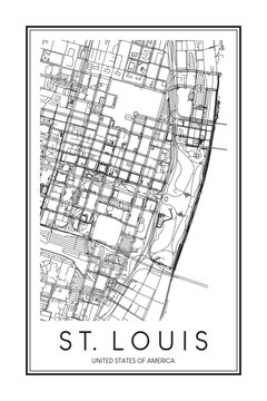 Printable downtown road map poster of the USA city of ST. LOUIS on solid white background with city name