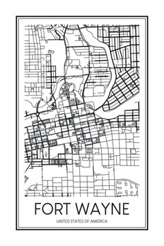 Printable downtown road map poster of the USA city of FORT WAYNE on solid white background with city name