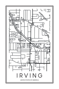 Printable downtown road map poster of the USA city of IRVING on solid white background with city name