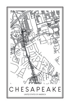 Printable downtown road map poster of the USA city of CHESAPEAKE on solid white background with city name