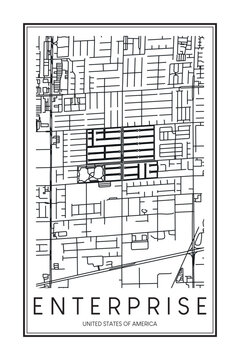 Printable downtown road map poster of the USA city of ENTERPRISE on solid white background with city name