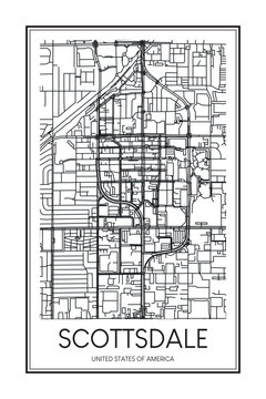 Printable downtown road map poster of the USA city of SCOTTSDALE on solid white background with city name