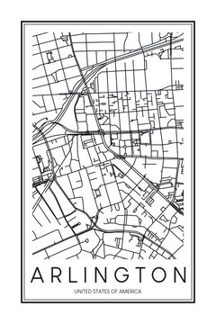 Printable downtown road map poster of the USA city of ARLINGTON on solid white background with city name