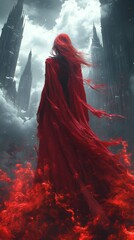 Poster - Demon princess crimson robes standing in a shadowy city with dark spires and swirling clouds showcasing her power and majesty