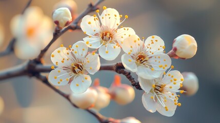 Poster - Delicate white cherry blossoms with vibrant yellow stamens bloom gracefully on branches, heralding the arrival of spring in a serene garden. Nature awakens with beauty and softness