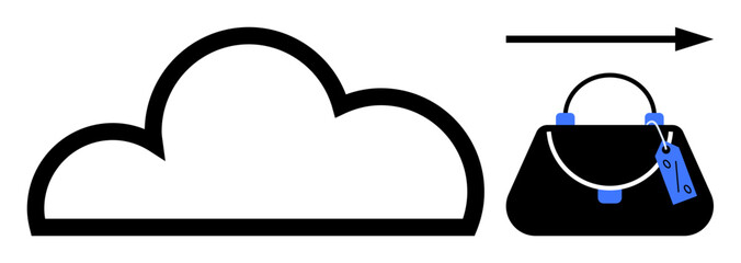 Cloud icon with arrow pointing to handbag, illustrating connection between cloud technology and online shopping. Black and blue color palette. Ideal for digital business, online retail, e-commerce