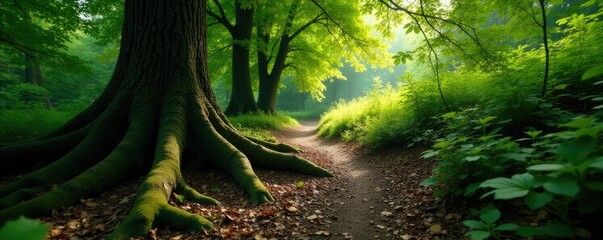 twisted tree roots unfolding beneath dense foliage, foliage, trail, woodland