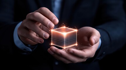 Poster - Business person holding glowing cube representing technology and innovation