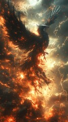 Poster - Demonic avian figure colossal black wings in a tumultuous sky lightning and swirling clouds exerting control over the winds
