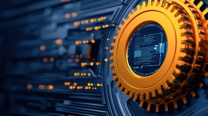 Poster - Futuristic Gear with Circuitry and Digital Elements in Blue Background
