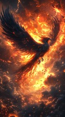 Fototapete - demonic avian figure colossal black wings in a tumultuous sky lightning and swirling clouds exerting