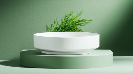 Poster - Minimalistic White Bowl Display with Green Background and Foliage