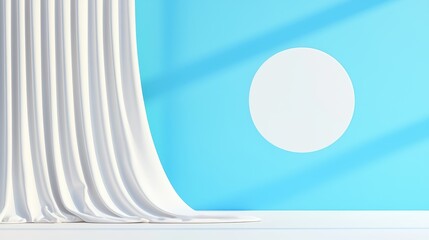 Poster - Minimalist Scene with White Curtain and Blue Wall Featuring Circle