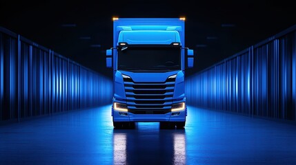 Poster - Futuristic Blue Truck in Dark Warehouse with Neon Lighting Effect