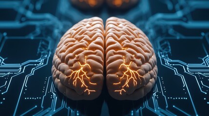Poster - Human Brain Surrounded by Digital Circuitry and Electric Sparks