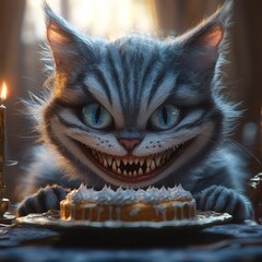 Fototapete - Detailed closeup of Cheshire cats smile and sharp teeth birthday cake on a table low light angle creating a moody atmosphere
