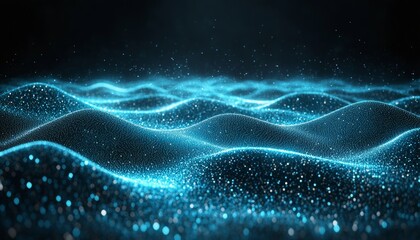 Aufkleber - Abstract Background, Glowing Blue Particles Form a Wavy Surface with a Depth of Field, Digital Art