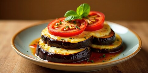 Wall Mural - Layered Eggplant Slices with Melted Cheese and Tomato Garnish, Served on a Plate with a Savory Sauce