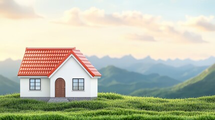 Poster - Miniature House on Green Grass with Mountains and Clouds in Background