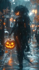 Fototapete - Detailed cybernetic figure elegant featherlike features holds a glowing pumpkin in a futuristic scene with neon rain streaks wet ground reflections and Halloweenthemed decor