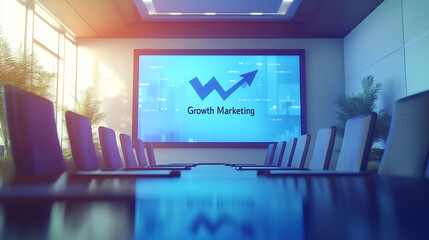 Poster - A modern office with a large monitor displaying data and graphs Digital Marketing and Communication Concept
