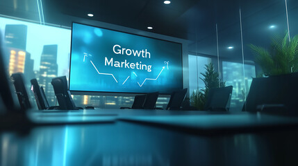 Poster - A modern office with a large monitor displaying data and graphs Digital Marketing and Communication Concept
