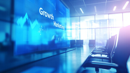 Poster - A modern office with a large monitor displaying data and graphs Digital Marketing and Communication Concept
