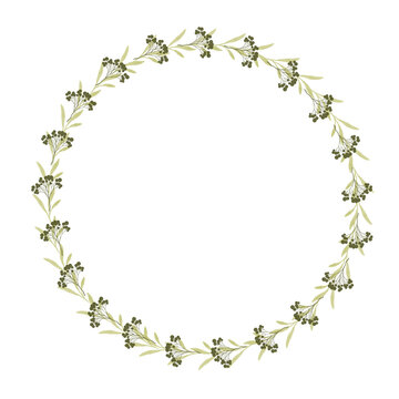 Watercolor floral wreath. Hand painted frame of greenery, wildflowers, herbs. Botanical illustration for design, print or background