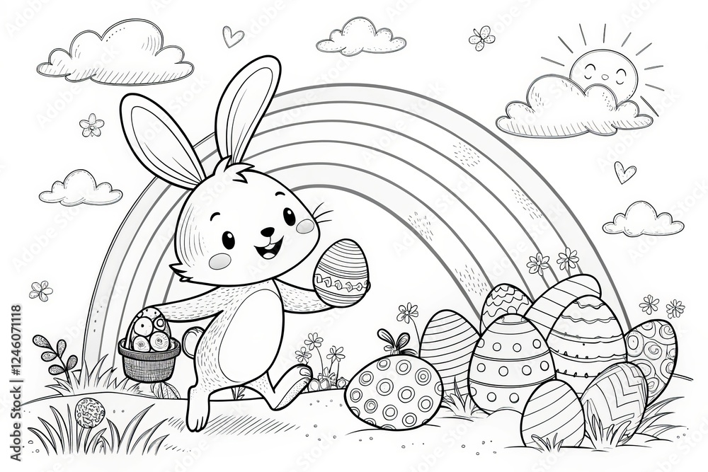 Easter Theme, A cheerful bunny carrying eggs under a rainbow in a ...