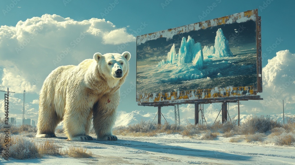 Surreal Polar Bear Gazing at Billboard of Icy Landscape Reflecting ...