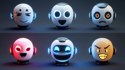Poster - chatbot avatar. chat bot head with different emotions and symbols on face. ai chatbots set