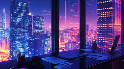Poster - Neon city skyline with glowing lines  incorporates elements from city at night, night city skyline, and city in the city while keeping it concise