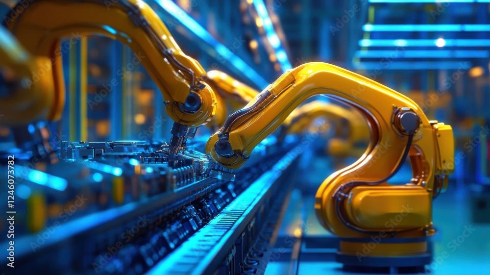 Advanced robotic arms operate on an assembly line in a modern ...