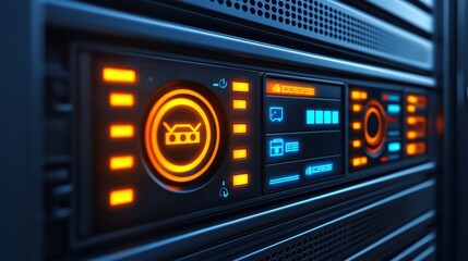 Poster - Modern Data Center Server with Illuminated Control Panel Components