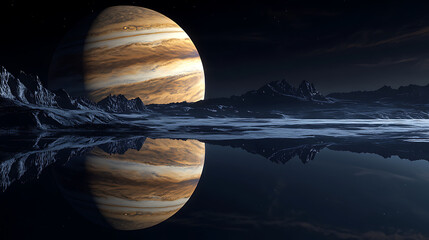 Wall Mural - tranquil night scene of a Jovian moon with delicate rings of light encircling it, reflected on a dark, mirrored surface. The scene evokes serenity and mystery