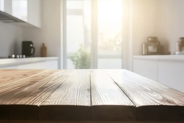 Wall Mural - Sunlit Wooden Kitchen Tabletop, Modern Kitchen Background