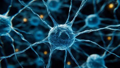 Poster - Glowing interconnected neurons, network of neuron cells, neural network, synaptic transmission.