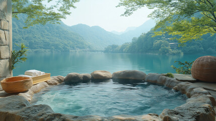 Tranquil outdoor hot spring with breathtaking lake and mountain view