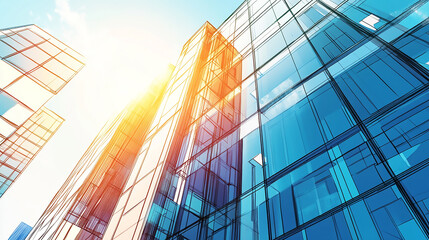 Wall Mural -  Glass Facade of a Modern Office Building Modern office building with blue sky and glass facade, depicting the concept of economy and finance from a bottom-up