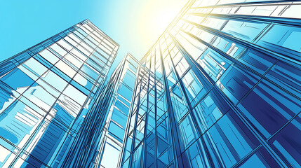Wall Mural -  Glass Facade of a Modern Office Building Modern office building with blue sky and glass facade, depicting the concept of economy and finance from a bottom-up