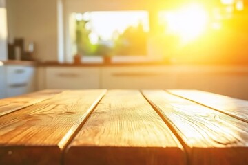 Canvas Print - Sunny kitchen table, wood surface, morning light, home, product display