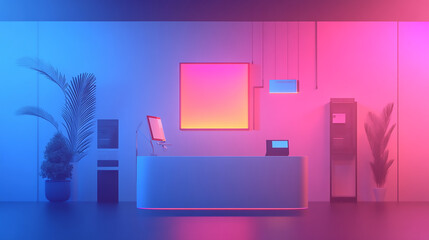 Wall Mural - Modern Office Interior with Neon Lights Schematic of a high-tech living room with integrated sound systems and smart lighting, smart living,
