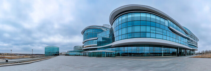 Wall Mural -  Glass Facade of a Modern Office Building Modern office building with blue sky and glass facade, depicting the concept of economy and finance from a bottom-up