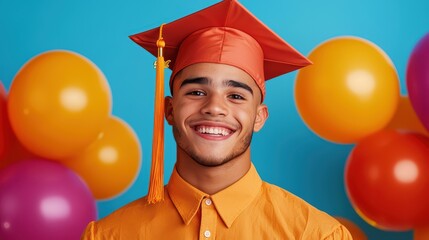 Young male graduate smiles brightly with colorful balloons in background